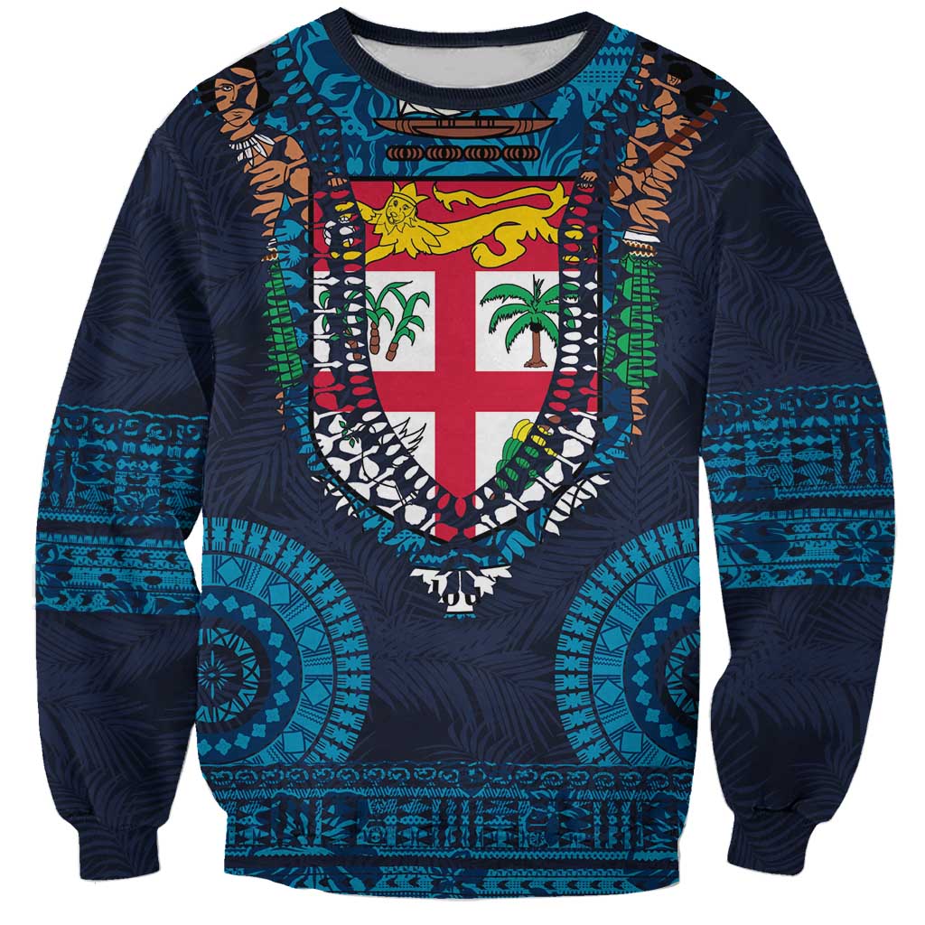Fiji Coat of Arms Traditional Dashiki Sweatshirt Tapa Art and Palm Leaves Pattern Dark Navy Color LT03 Unisex Navy - Polynesian Pride