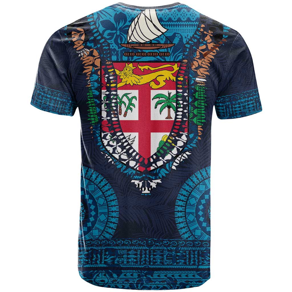 Fiji Coat of Arms Traditional Dashiki T Shirt Tapa Art and Palm Leaves Pattern Dark Navy Color - Polynesian Pride