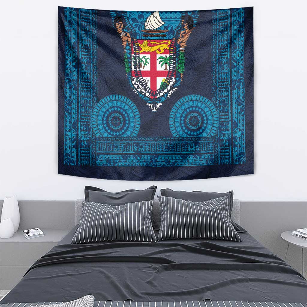 Fiji Coat of Arms Traditional Dashiki Tapestry Tapa Art and Palm Leaves Pattern Dark Navy Color - Polynesian Pride