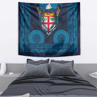 Fiji Coat of Arms Traditional Dashiki Tapestry Tapa Art and Palm Leaves Pattern Dark Navy Color - Polynesian Pride