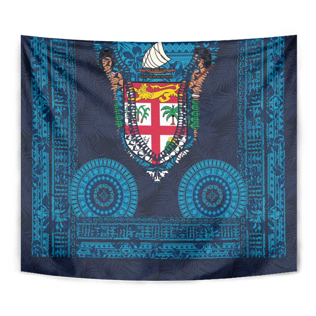 Fiji Coat of Arms Traditional Dashiki Tapestry Tapa Art and Palm Leaves Pattern Dark Navy Color - Polynesian Pride