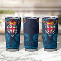Fiji Coat of Arms Traditional Dashiki Tumbler Cup Tapa Art and Palm Leaves Pattern Dark Navy Color - Polynesian Pride