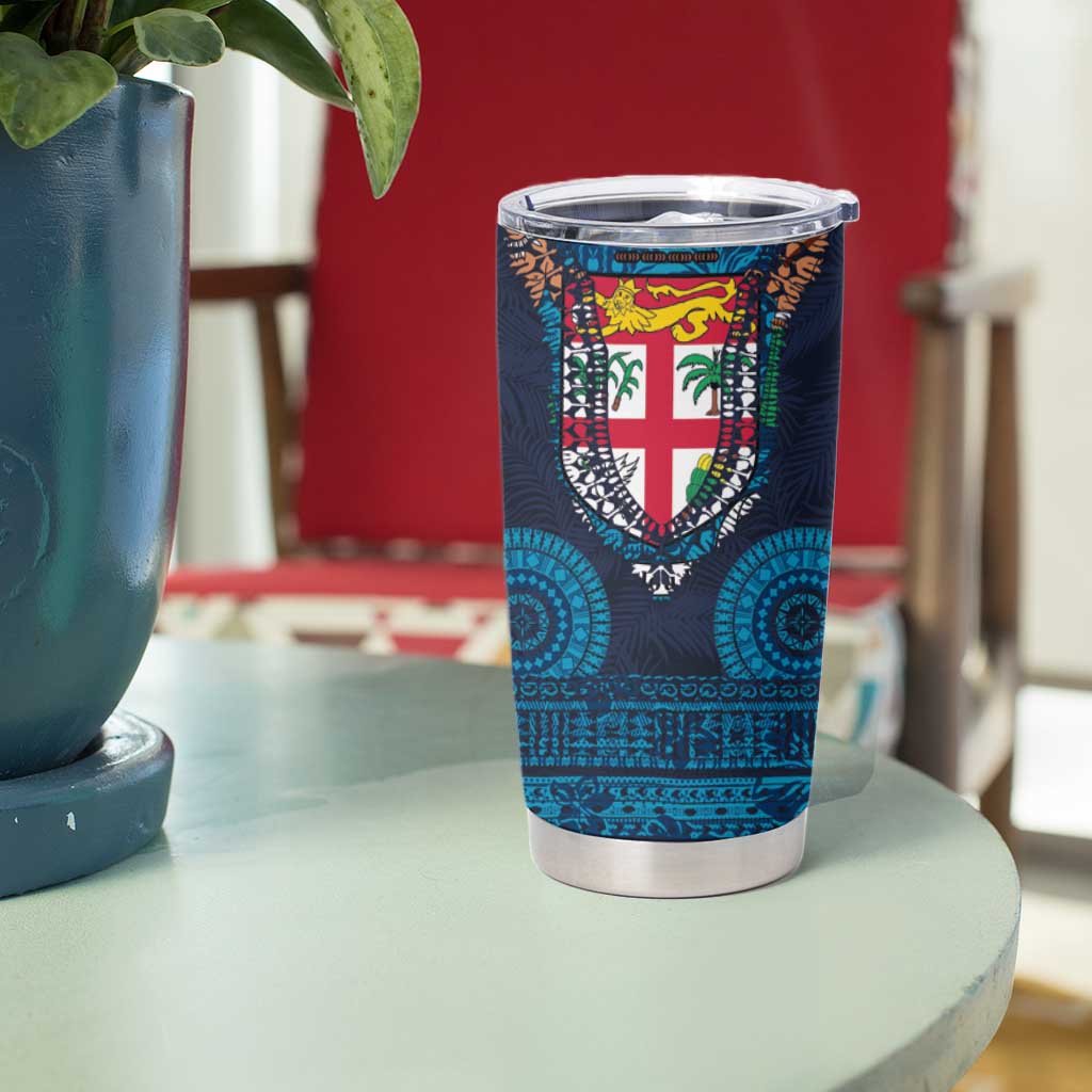 Fiji Coat of Arms Traditional Dashiki Tumbler Cup Tapa Art and Palm Leaves Pattern Dark Navy Color - Polynesian Pride
