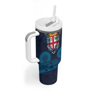 Fiji Coat of Arms Traditional Dashiki Tumbler With Handle Tapa Art and Palm Leaves Pattern Dark Navy Color - Polynesian Pride