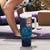 Fiji Coat of Arms Traditional Dashiki Tumbler With Handle Tapa Art and Palm Leaves Pattern Dark Navy Color - Polynesian Pride