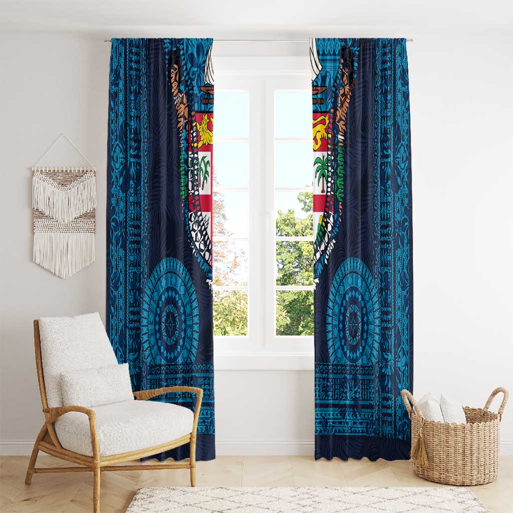 Fiji Coat of Arms Traditional Dashiki Window Curtain Tapa Art and Palm Leaves Pattern Dark Navy Color - Polynesian Pride