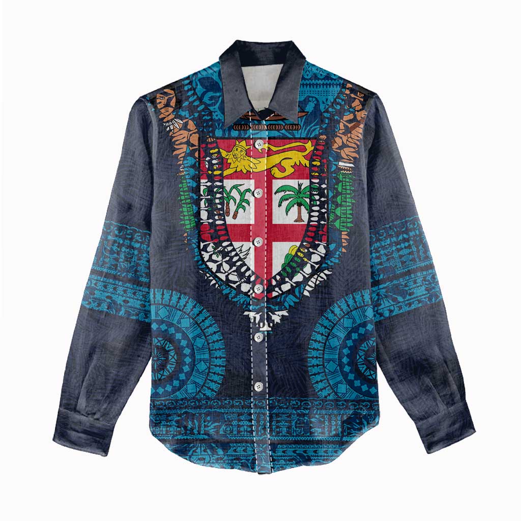 Fiji Coat of Arms Traditional Dashiki Women Casual Shirt Tapa Art and Palm Leaves Pattern Dark Navy Color - Polynesian Pride