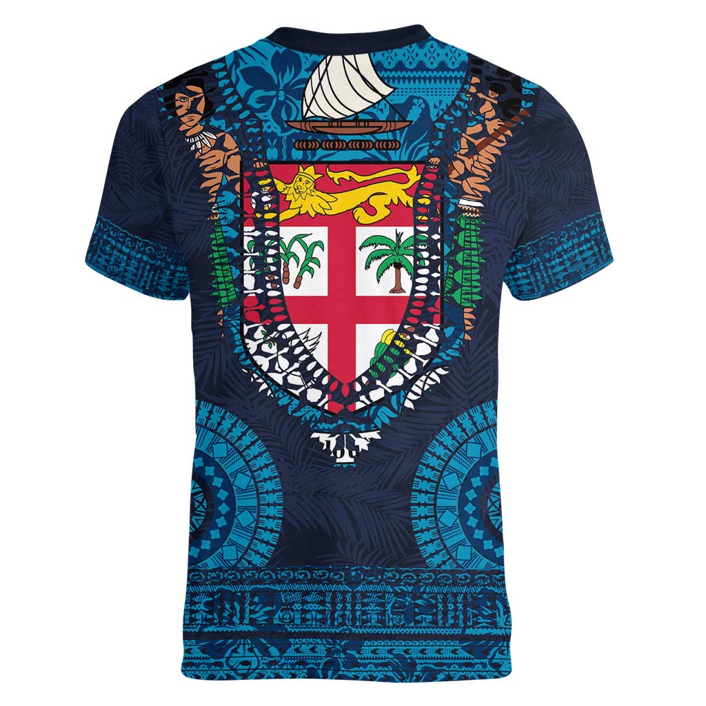 Fiji Coat of Arms Traditional Dashiki Women V-Neck T-Shirt Tapa Art and Palm Leaves Pattern Dark Navy Color - Polynesian Pride