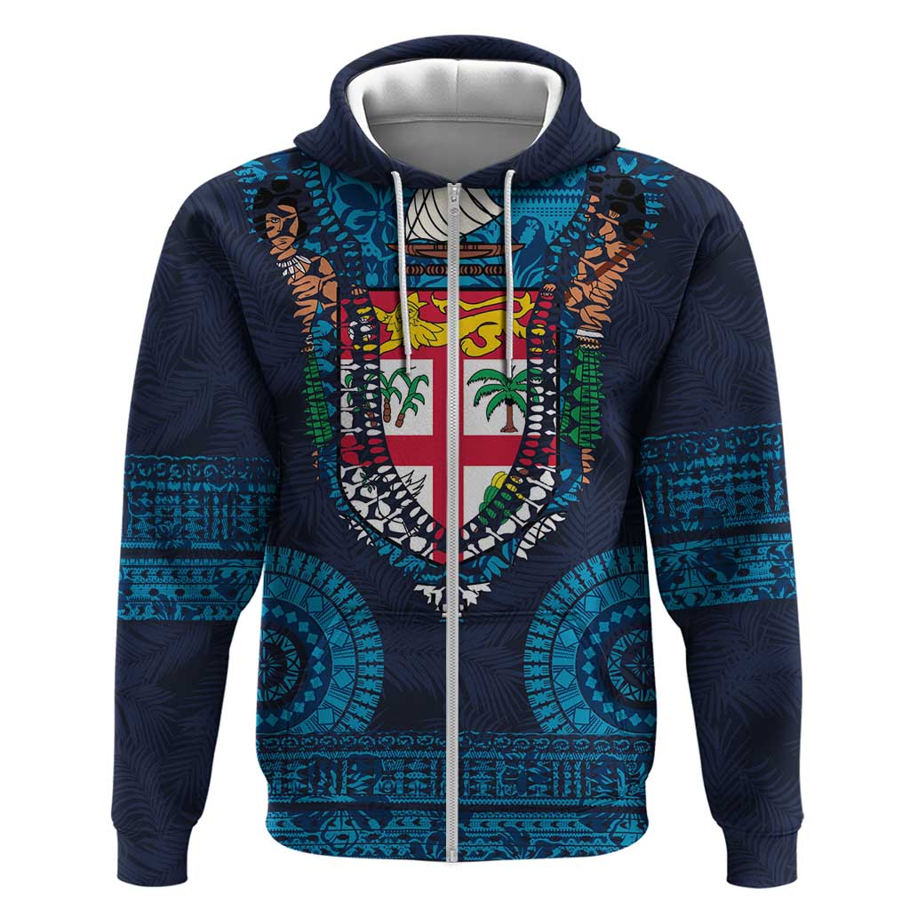 Fiji Coat of Arms Traditional Dashiki Zip Hoodie Tapa Art and Palm Leaves Pattern Dark Navy Color LT03 Zip Hoodie Navy - Polynesian Pride