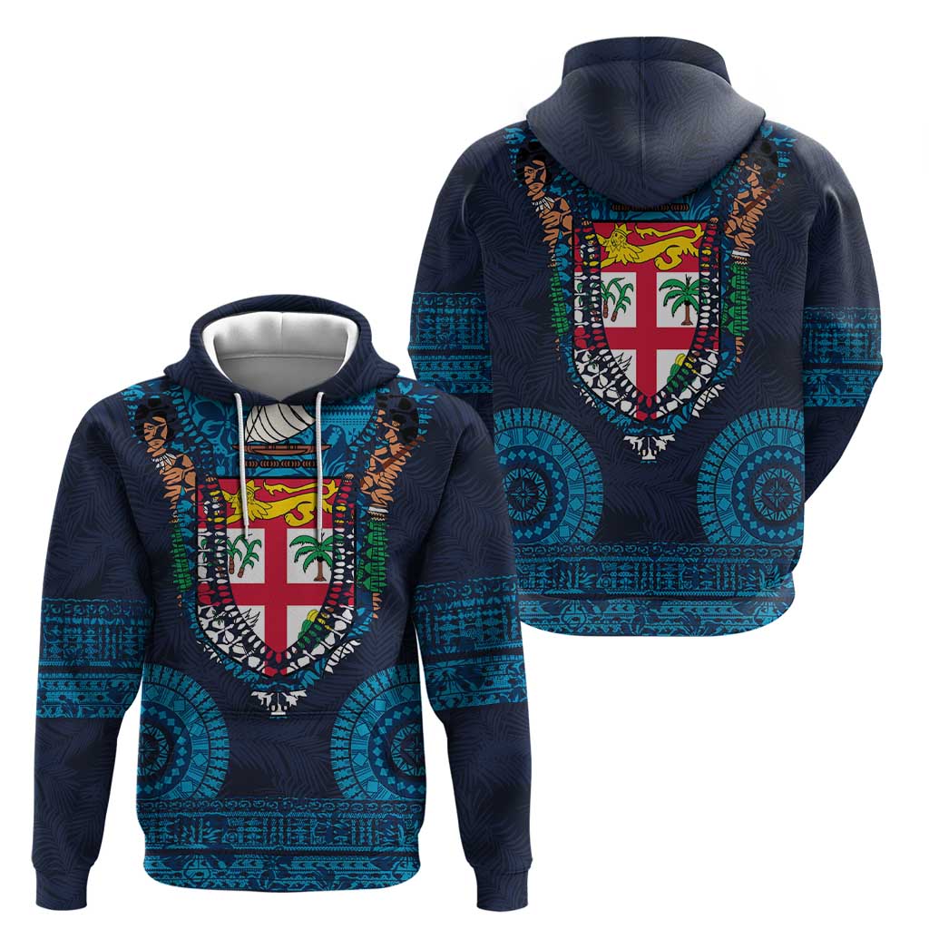 Fiji Coat of Arms Traditional Dashiki Zip Hoodie Tapa Art and Palm Leaves Pattern Dark Navy Color - Polynesian Pride
