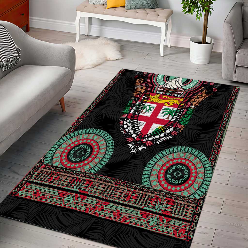 Fiji Coat of Arms Traditional Dashiki Area Rug Tapa Art and Palm Leaves Pattern Black Color - Polynesian Pride