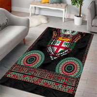 Fiji Coat of Arms Traditional Dashiki Area Rug Tapa Art and Palm Leaves Pattern Black Color - Polynesian Pride