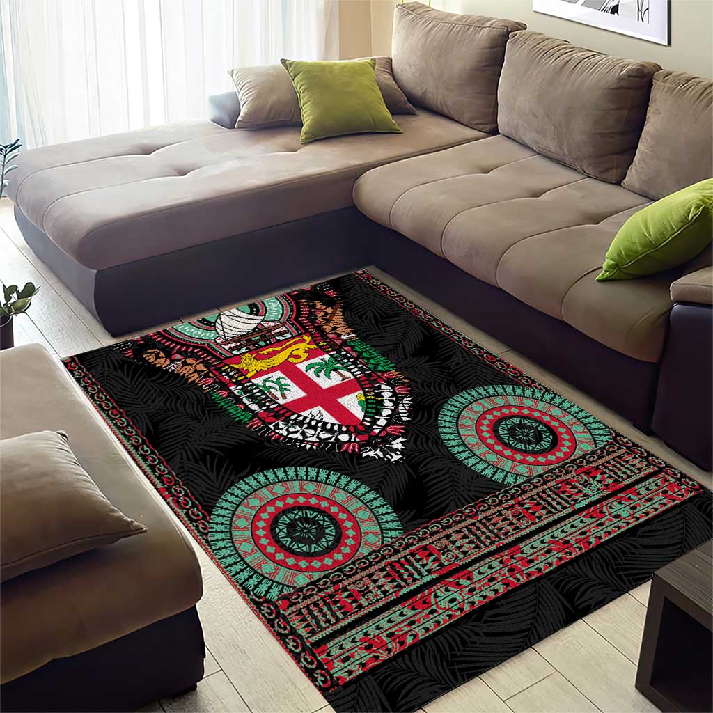 Fiji Coat of Arms Traditional Dashiki Area Rug Tapa Art and Palm Leaves Pattern Black Color - Polynesian Pride