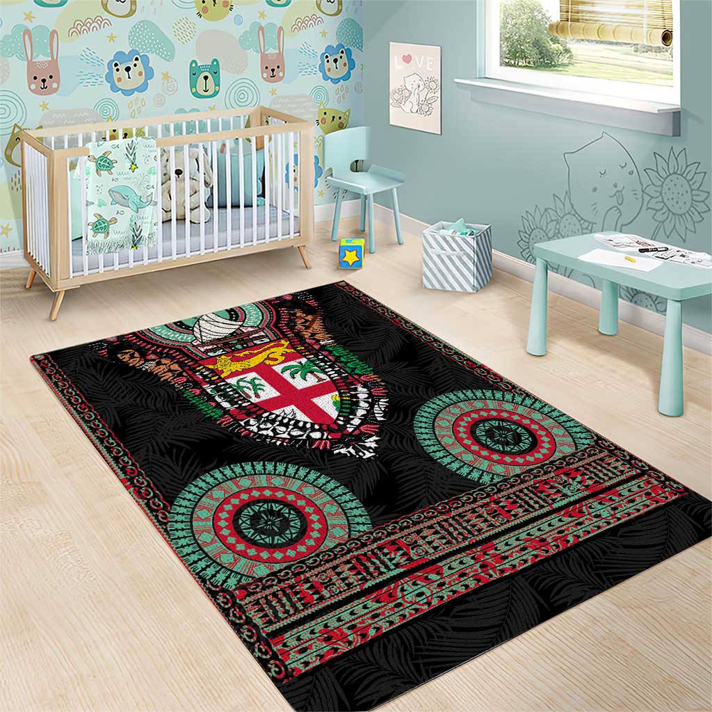 Fiji Coat of Arms Traditional Dashiki Area Rug Tapa Art and Palm Leaves Pattern Black Color - Polynesian Pride