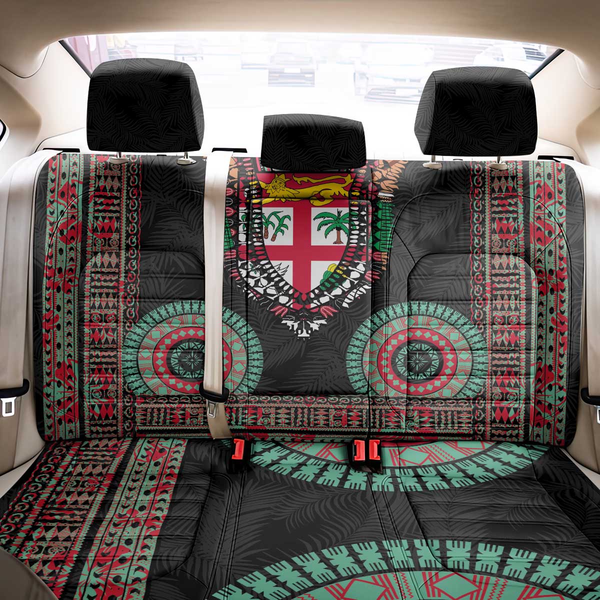 Fiji Coat of Arms Traditional Dashiki Back Car Seat Cover Tapa Art and Palm Leaves Pattern Black Color - Polynesian Pride