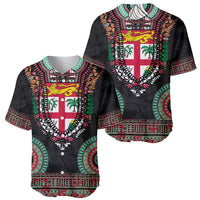 Fiji Coat of Arms Traditional Dashiki Baseball Jersey Tapa Art and Palm Leaves Pattern Black Color - Polynesian Pride