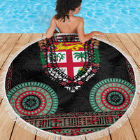 Fiji Coat of Arms Traditional Dashiki Beach Blanket Tapa Art and Palm Leaves Pattern Black Color - Polynesian Pride