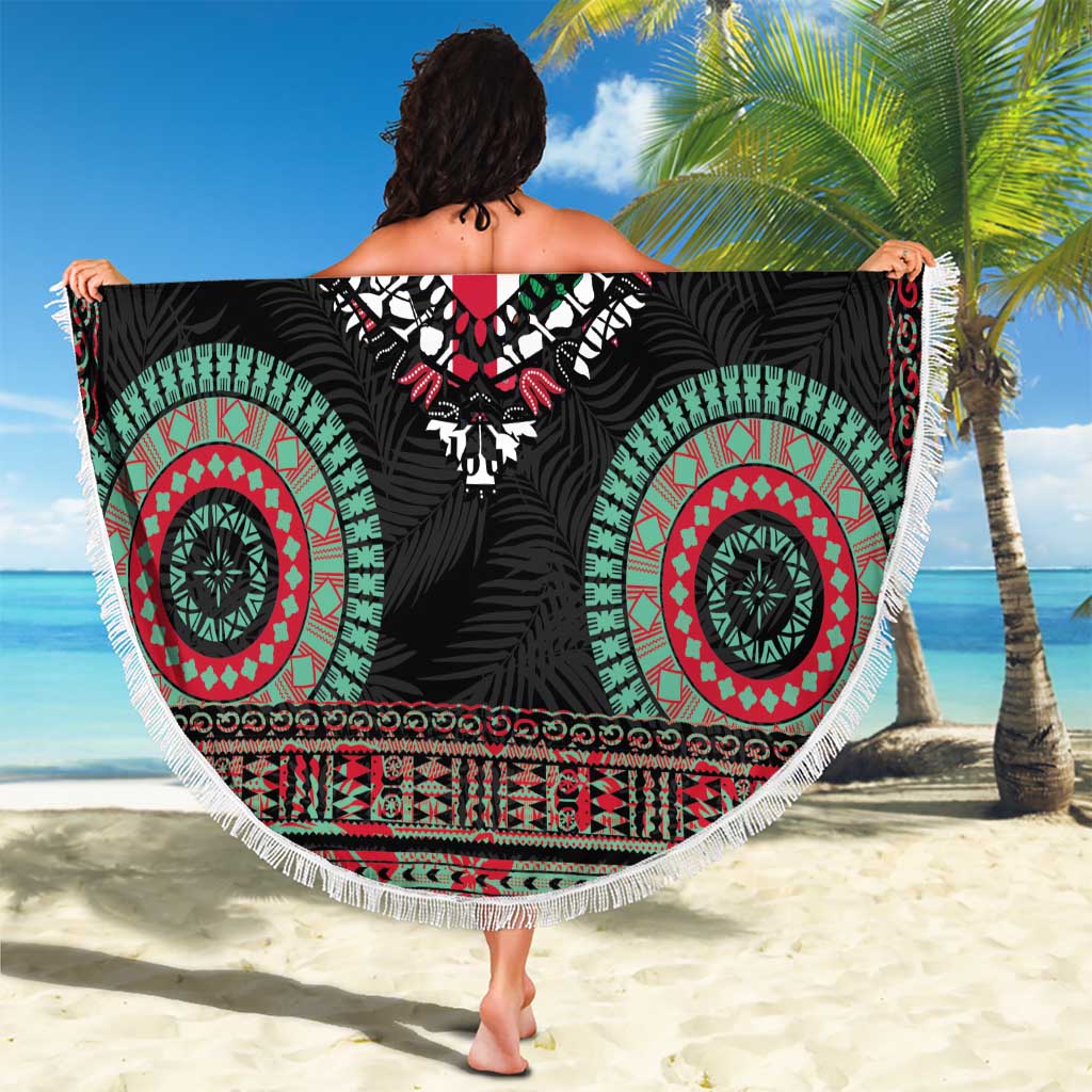 Fiji Coat of Arms Traditional Dashiki Beach Blanket Tapa Art and Palm Leaves Pattern Black Color - Polynesian Pride