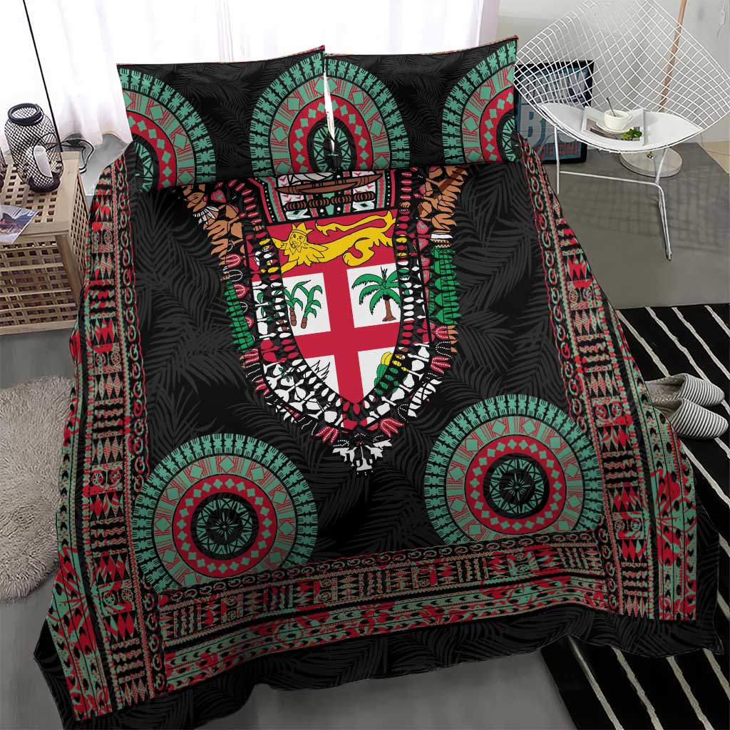 Fiji Coat of Arms Traditional Dashiki Bedding Set Tapa Art and Palm Leaves Pattern Black Color - Polynesian Pride