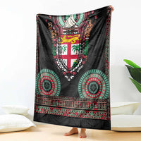 Fiji Coat of Arms Traditional Dashiki Blanket Tapa Art and Palm Leaves Pattern Black Color - Polynesian Pride