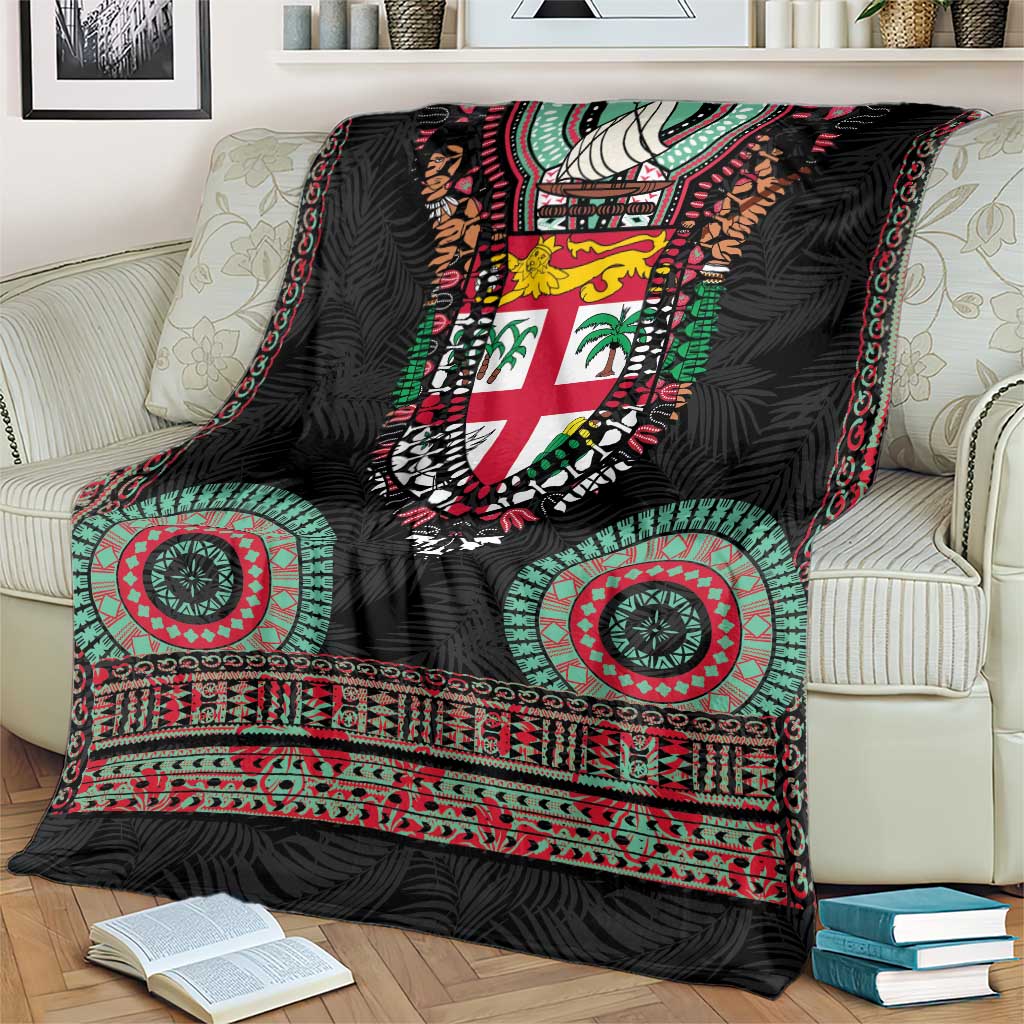Fiji Coat of Arms Traditional Dashiki Blanket Tapa Art and Palm Leaves Pattern Black Color - Polynesian Pride