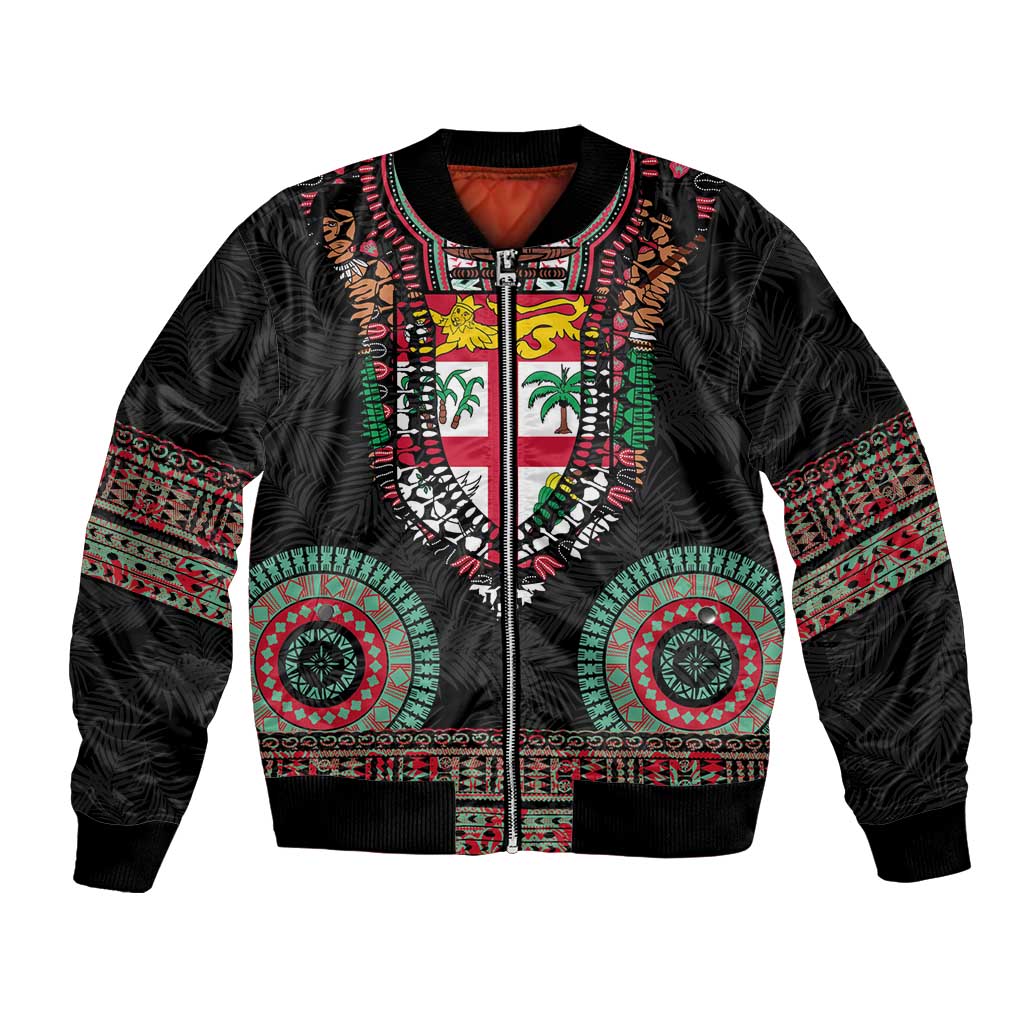 Fiji Coat of Arms Traditional Dashiki Bomber Jacket Tapa Art and Palm Leaves Pattern Black Color LT03 Unisex Black - Polynesian Pride