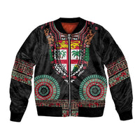 Fiji Coat of Arms Traditional Dashiki Bomber Jacket Tapa Art and Palm Leaves Pattern Black Color LT03 Unisex Black - Polynesian Pride