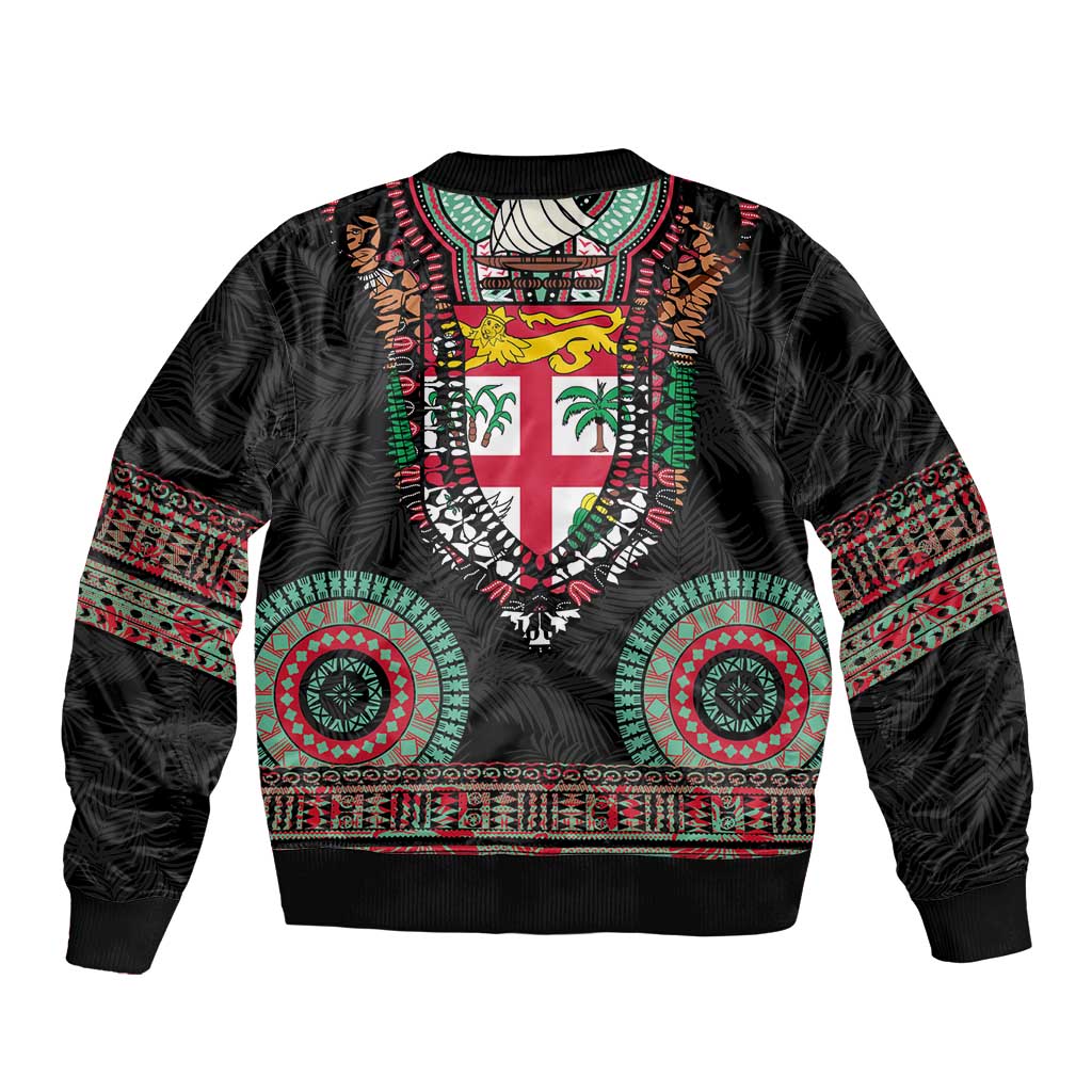 Fiji Coat of Arms Traditional Dashiki Bomber Jacket Tapa Art and Palm Leaves Pattern Black Color LT03 - Polynesian Pride