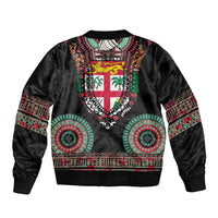 Fiji Coat of Arms Traditional Dashiki Bomber Jacket Tapa Art and Palm Leaves Pattern Black Color LT03 - Polynesian Pride