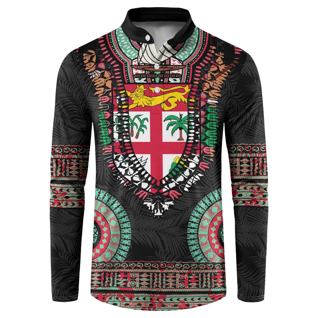 Fiji Coat of Arms Traditional Dashiki Button Sweatshirt Tapa Art and Palm Leaves Pattern Black Color - Polynesian Pride