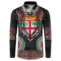 Fiji Coat of Arms Traditional Dashiki Button Sweatshirt Tapa Art and Palm Leaves Pattern Black Color - Polynesian Pride