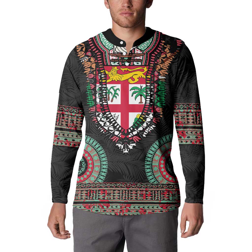 Fiji Coat of Arms Traditional Dashiki Button Sweatshirt Tapa Art and Palm Leaves Pattern Black Color - Polynesian Pride