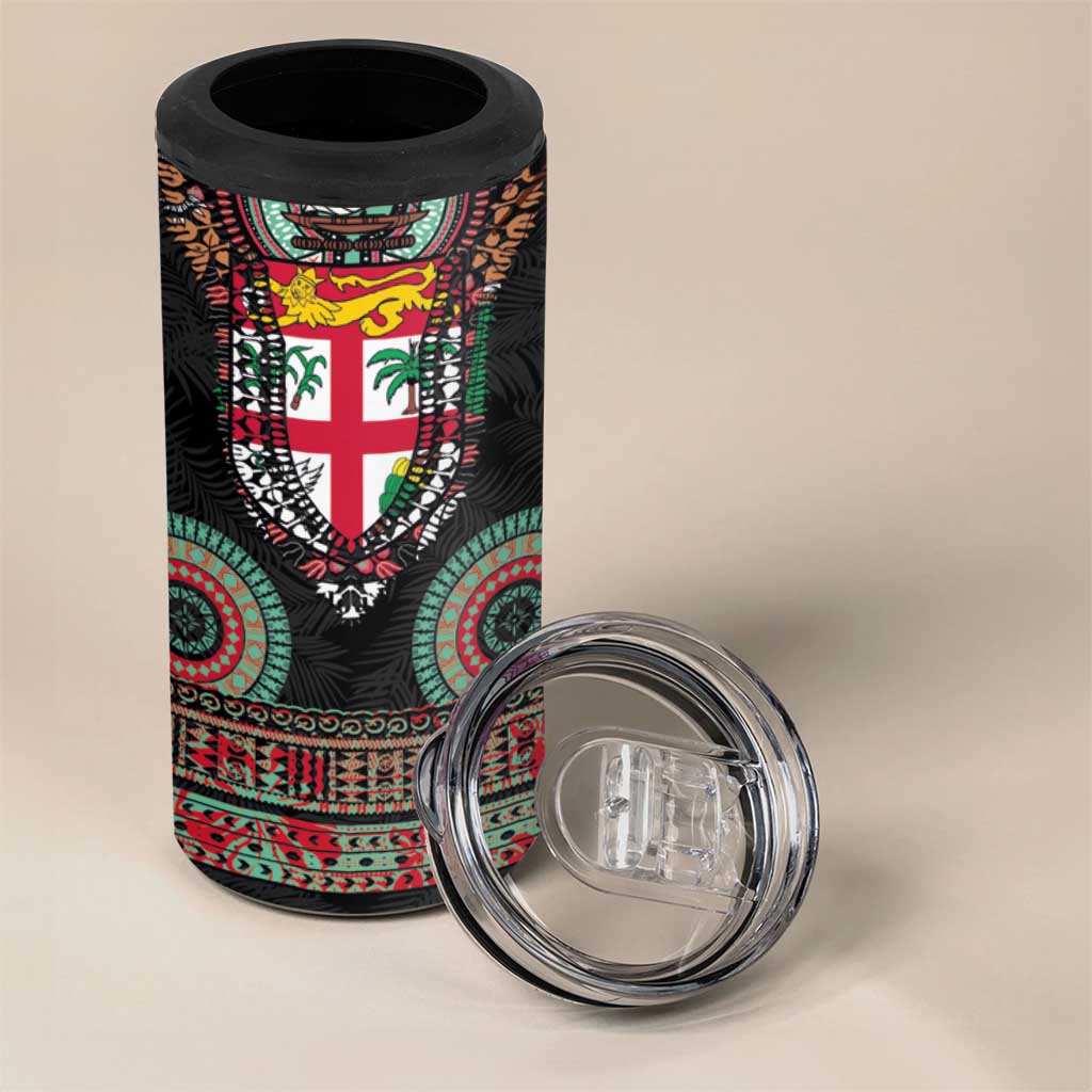 Fiji Coat of Arms Traditional Dashiki 4 in 1 Can Cooler Tumbler Tapa Art and Palm Leaves Pattern Black Color - Polynesian Pride