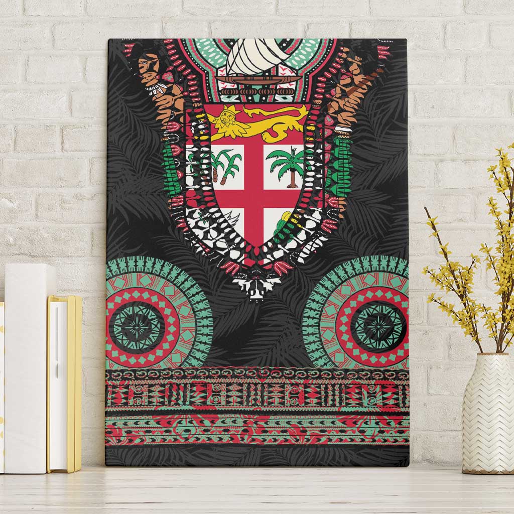 Fiji Coat of Arms Traditional Dashiki Canvas Wall Art Tapa Art and Palm Leaves Pattern Black Color - Polynesian Pride