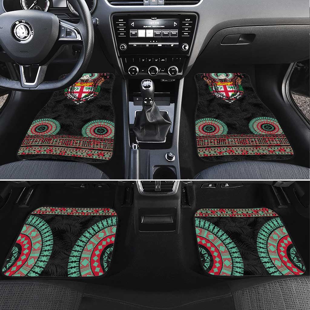 Fiji Coat of Arms Traditional Dashiki Car Mats Tapa Art and Palm Leaves Pattern Black Color - Polynesian Pride
