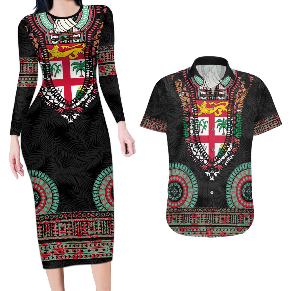 Fiji Coat of Arms Traditional Dashiki Couples Matching Long Sleeve Bodycon Dress and Hawaiian Shirt Tapa Art and Palm Leaves Pattern Black Color - Polynesian Pride
