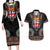 Fiji Coat of Arms Traditional Dashiki Couples Matching Long Sleeve Bodycon Dress and Hawaiian Shirt Tapa Art and Palm Leaves Pattern Black Color - Polynesian Pride