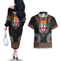 Fiji Coat of Arms Traditional Dashiki Couples Matching Off The Shoulder Long Sleeve Dress and Hawaiian Shirt Tapa Art and Palm Leaves Pattern Black Color - Polynesian Pride