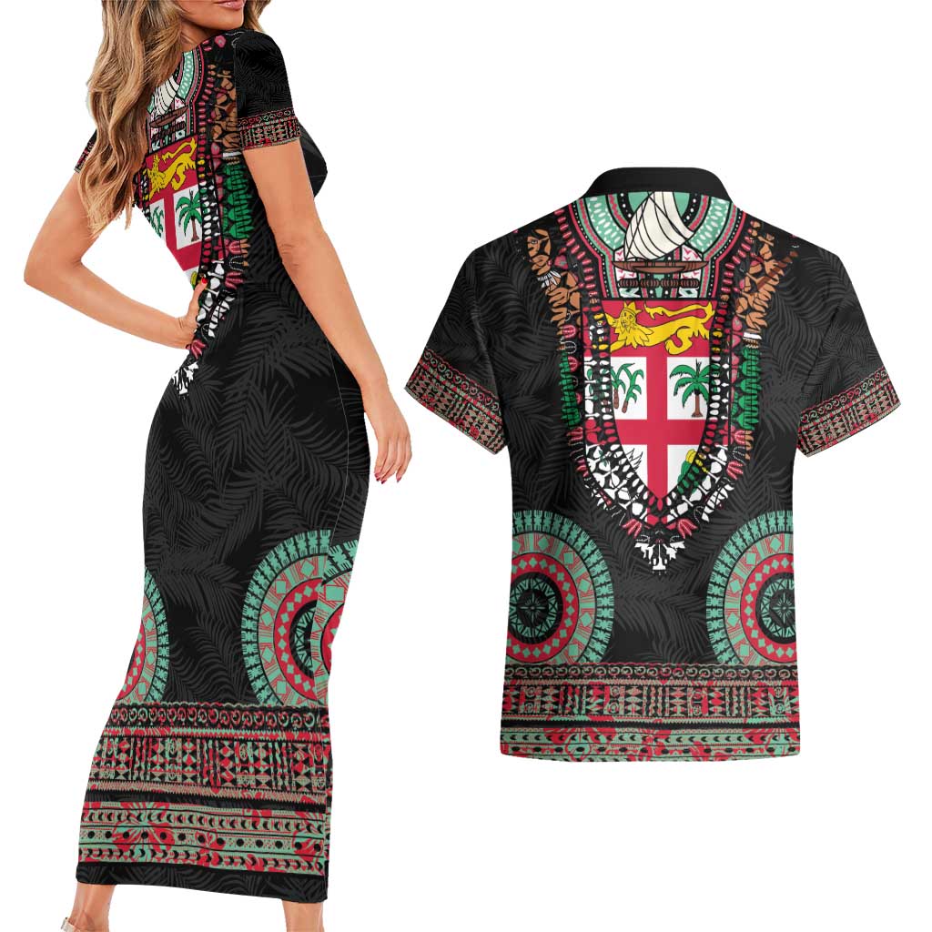 Fiji Coat of Arms Traditional Dashiki Couples Matching Short Sleeve Bodycon Dress and Hawaiian Shirt Tapa Art and Palm Leaves Pattern Black Color - Polynesian Pride
