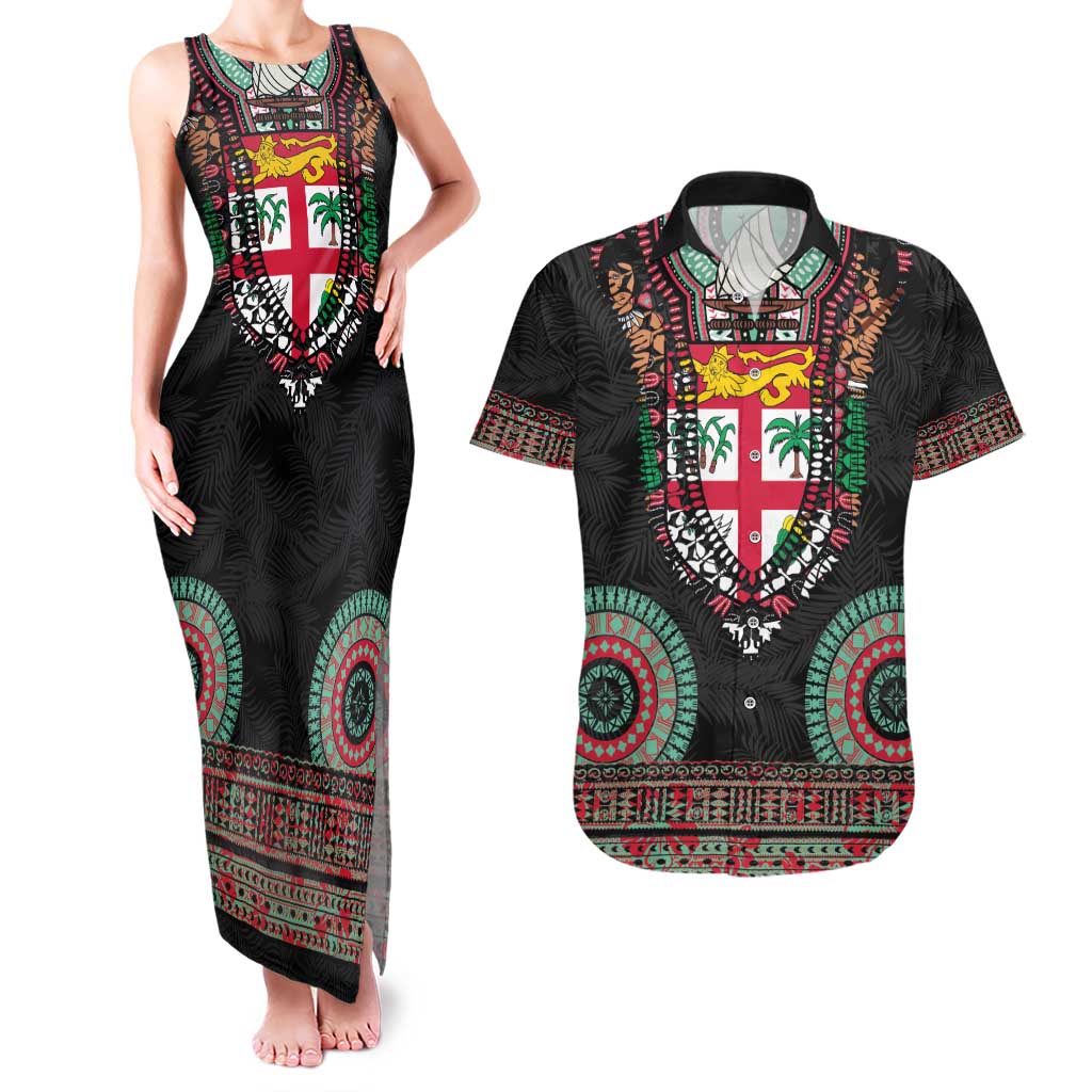 Fiji Coat of Arms Traditional Dashiki Couples Matching Tank Maxi Dress and Hawaiian Shirt Tapa Art and Palm Leaves Pattern Black Color - Polynesian Pride