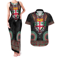 Fiji Coat of Arms Traditional Dashiki Couples Matching Tank Maxi Dress and Hawaiian Shirt Tapa Art and Palm Leaves Pattern Black Color - Polynesian Pride