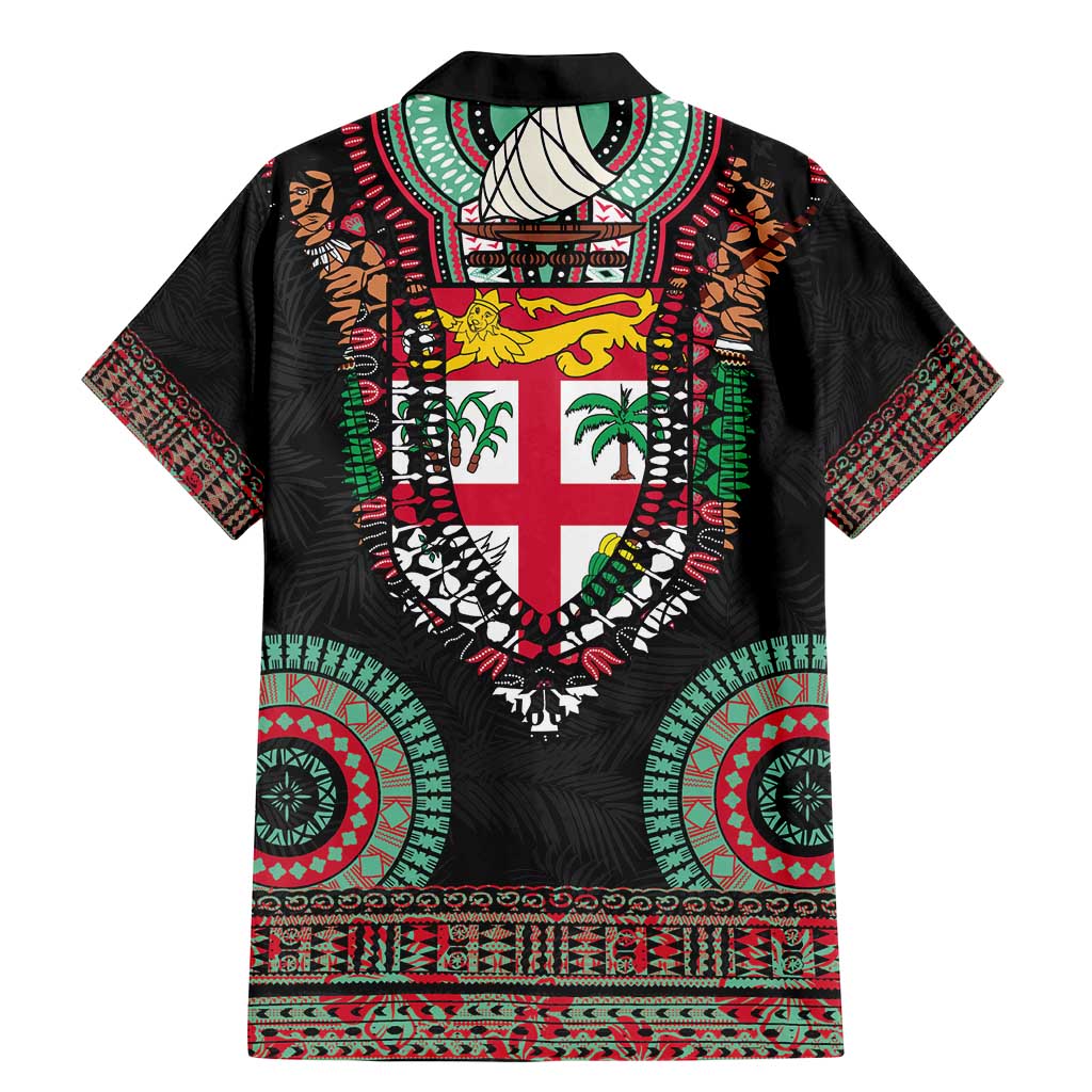 Fiji Coat of Arms Traditional Dashiki Family Matching Mermaid Dress and Hawaiian Shirt Tapa Art and Palm Leaves Pattern Black Color - Polynesian Pride
