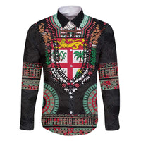 Fiji Coat of Arms Traditional Dashiki Family Matching Off Shoulder Maxi Dress and Hawaiian Shirt Tapa Art and Palm Leaves Pattern Black Color - Polynesian Pride