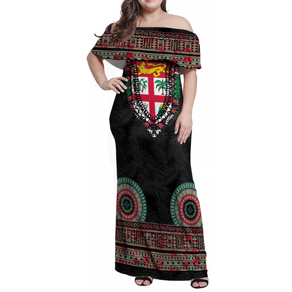 Fiji Coat of Arms Traditional Dashiki Family Matching Off Shoulder Maxi Dress and Hawaiian Shirt Tapa Art and Palm Leaves Pattern Black Color - Polynesian Pride