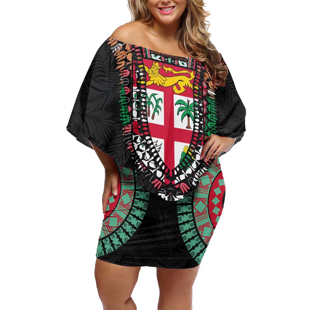 Fiji Coat of Arms Traditional Dashiki Family Matching Off Shoulder Short Dress and Hawaiian Shirt Tapa Art and Palm Leaves Pattern Black Color - Polynesian Pride