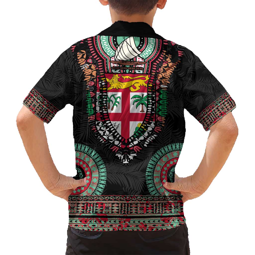 Fiji Coat of Arms Traditional Dashiki Family Matching Puletasi and Hawaiian Shirt Tapa Art and Palm Leaves Pattern Black Color - Polynesian Pride