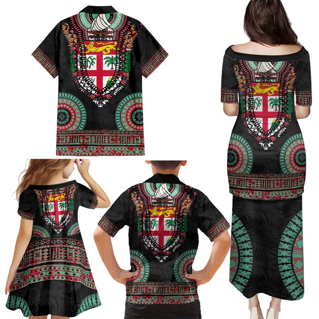 Fiji Coat of Arms Traditional Dashiki Family Matching Puletasi and Hawaiian Shirt Tapa Art and Palm Leaves Pattern Black Color - Polynesian Pride