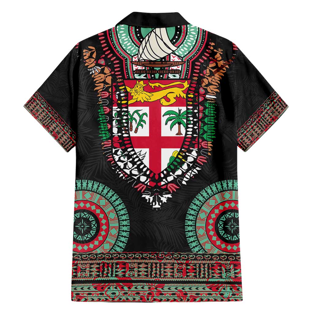 Fiji Coat of Arms Traditional Dashiki Family Matching Puletasi and Hawaiian Shirt Tapa Art and Palm Leaves Pattern Black Color - Polynesian Pride