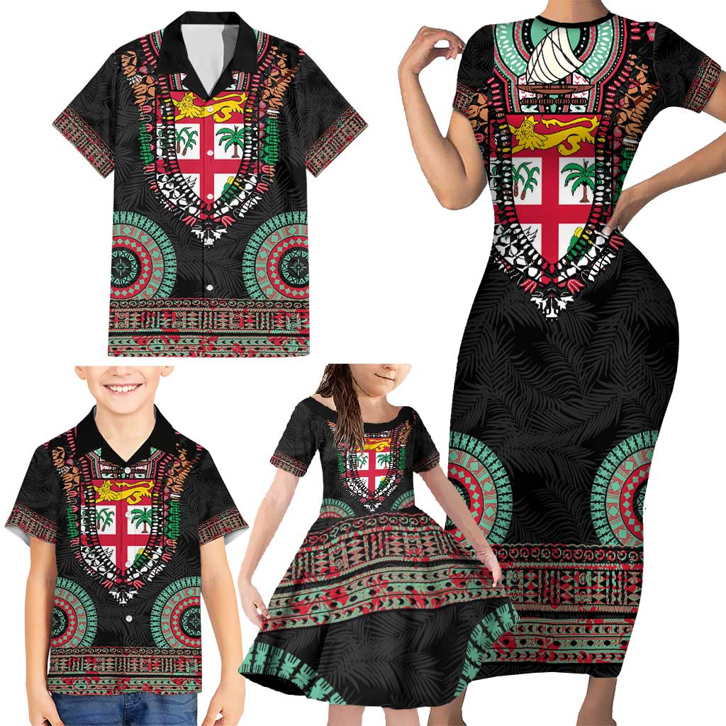 Fiji Coat of Arms Traditional Dashiki Family Matching Short Sleeve Bodycon Dress and Hawaiian Shirt Tapa Art and Palm Leaves Pattern Black Color - Polynesian Pride