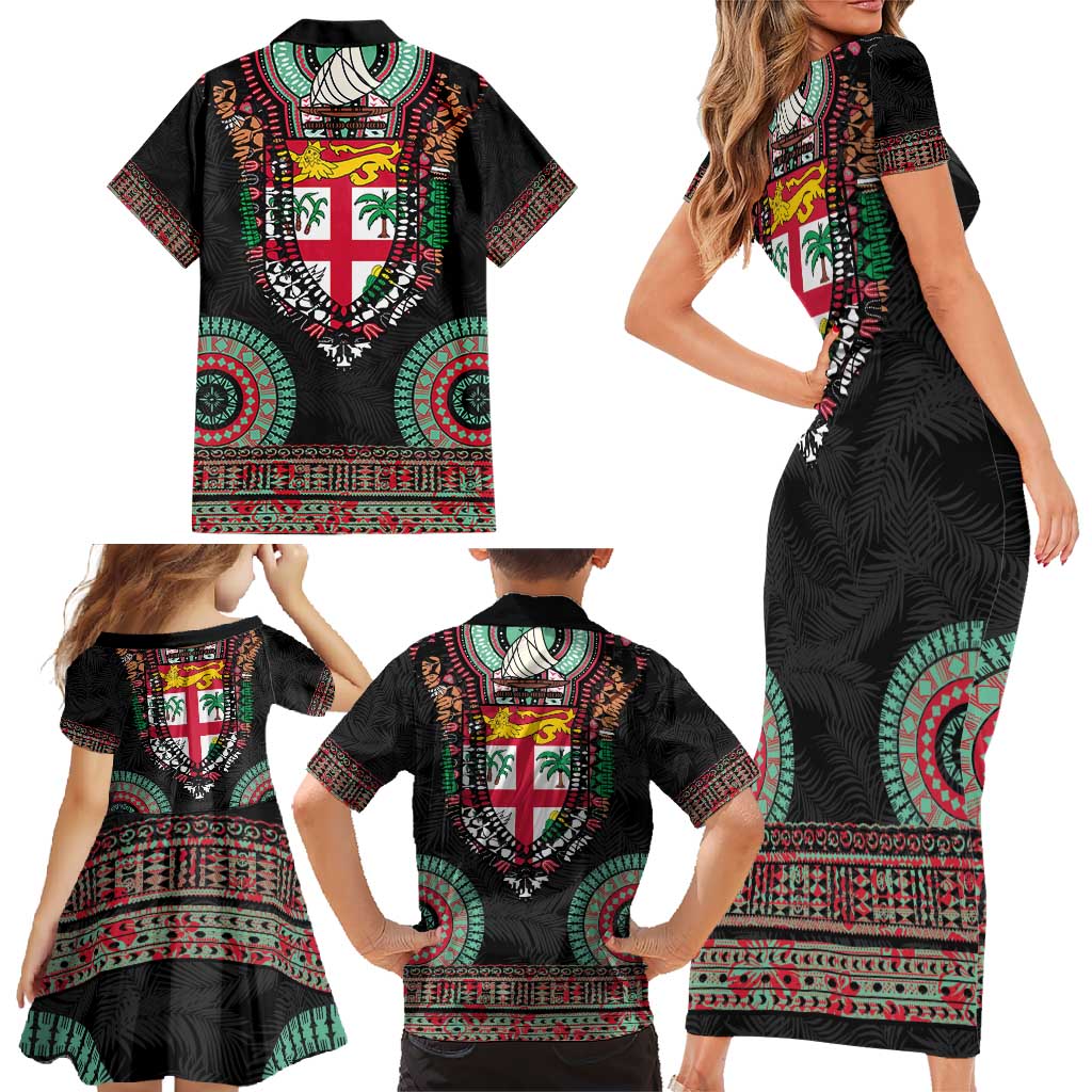 Fiji Coat of Arms Traditional Dashiki Family Matching Short Sleeve Bodycon Dress and Hawaiian Shirt Tapa Art and Palm Leaves Pattern Black Color - Polynesian Pride
